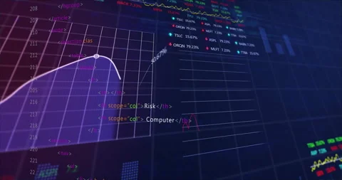 Floating HTML code initiating 3D grid, rising colored curves showing Stock Footage 311603825