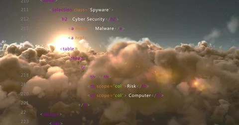 Floating HTML code tags drifting over clouds at sunrise, with glowing sun, dense Stock Photos