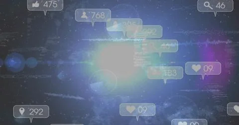 Floating HUD bubbles and center light flare lighting cosmic data view with heart Stock Illustration