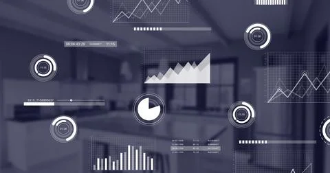 Floating HUD charts overlay spanning modern kitchen, showing island, stools, Stock Photos