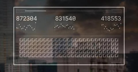 Floating HUD displaying readouts over dusk city skyline, with bar dot graphs, Stock Illustration