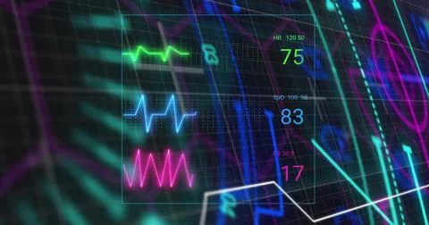 Floating HUD over dark grid, showing green cyan magenta ECG traces and readouts Stock Illustration
