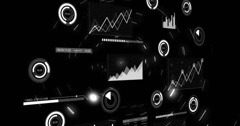 Floating HUD panels rotating in virtual workspace, showing line graphs, area Illustrazione stock