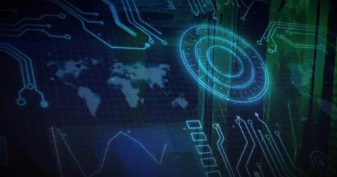 Floating HUD ring over interface with holographic world map, neon circuits, l Fotos de archivo