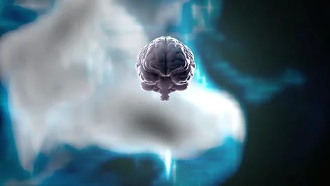 Floating human brain with glowing light and abstract cloud background Stock Photos