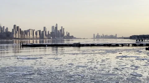 Floating Ice Chunks Hudson River Winter New York City Skyline Stock Footage 329105243