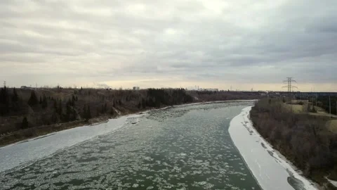 Floating Ice on the North Saskatchewan River Stock Footage 257286178