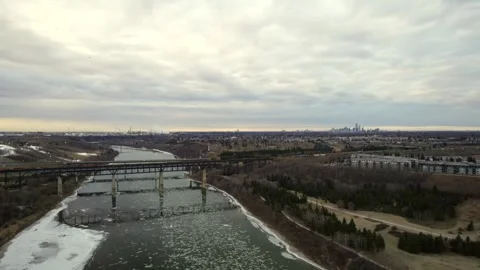 Floating Ice on the North Saskatchewan River Stock Footage 257286340