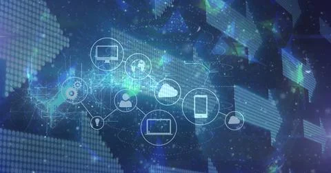Floating icon cluster streaming data across dotted world map, with glowing PC Stock Photos