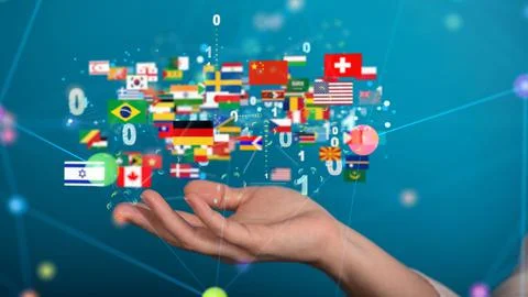 Floating icons of countries flags and binary code over a hand - a concept of Stock Photos