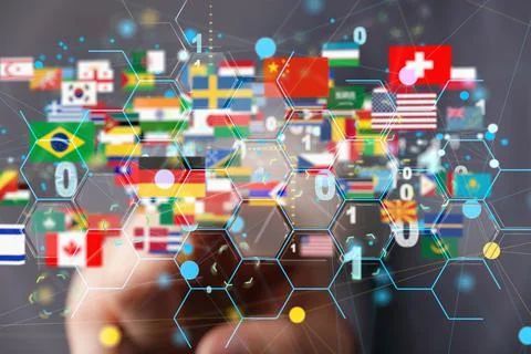 Floating icons of countries flags and binary code over a hand - a concept of Stock Photos