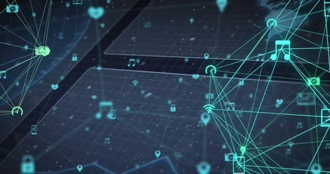 Floating icons drifting to grid spurring wireframe net pulsing and linking, Stock Footage 333829970