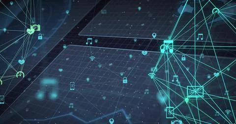 Floating icons drifting to grid spurring wireframe net pulsing and linking, Stock Illustration