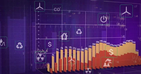 Floating icons starting 3D grid, bar charts growing then declining, visualizing Stock-Footage 311520632