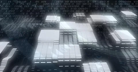 Floating illuminated data panels streaming across cyberspace grid, with binary 스톡 사진