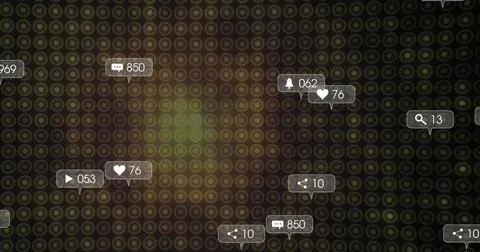 Floating interaction icons over grid interface, showing comment heart bell share Illustrazione stock