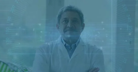Floating interface data elements appearing doctor processing health metrics in Stock Footage 330659870