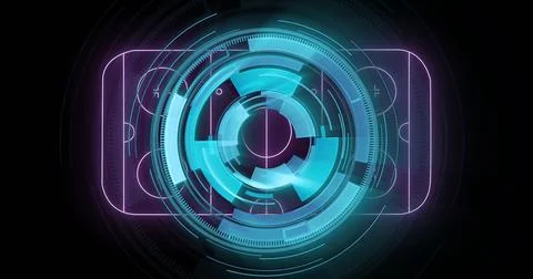 Floating interface glowing in dark void, with concentric neon rings, grid lines 写真素材