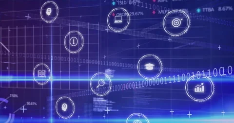 Floating interface icons moving over dark blue grid, visualizing binary streams Stock Footage 309283971