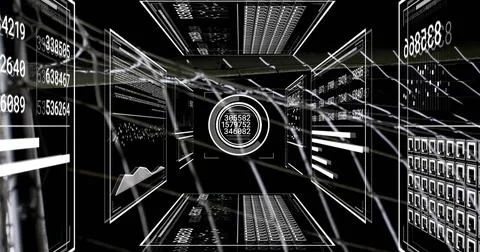 Floating interface showing three readouts in 3D data space, with panels, charts Stock Illustration