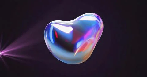 Floating iridescent amorphous bubble shifting colors in dark digital studio,  Stock Illustration