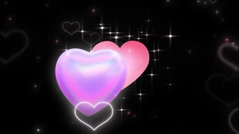 Floating iridescent heart shapes surrounded by glowing sparkles against deep 스톡 동영상 341323376