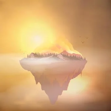 Floating Island Mountains with Pine Forest - Vector Illustration Stock Illustration