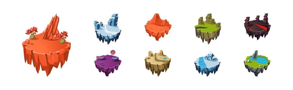 Floating Island Platforms with Different landscape Vector Set 스톡 일러스트