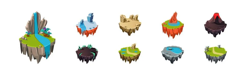 Floating Island Platforms with Different landscape Vector Set Stock Illustration