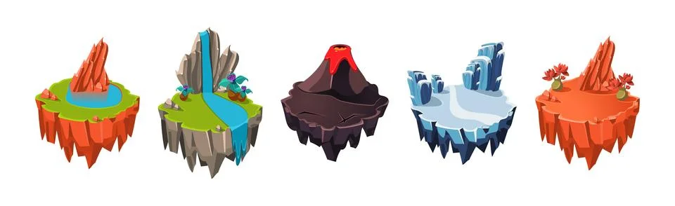 Floating Island Platforms with Different landscape Vector Set Illustrazione stock