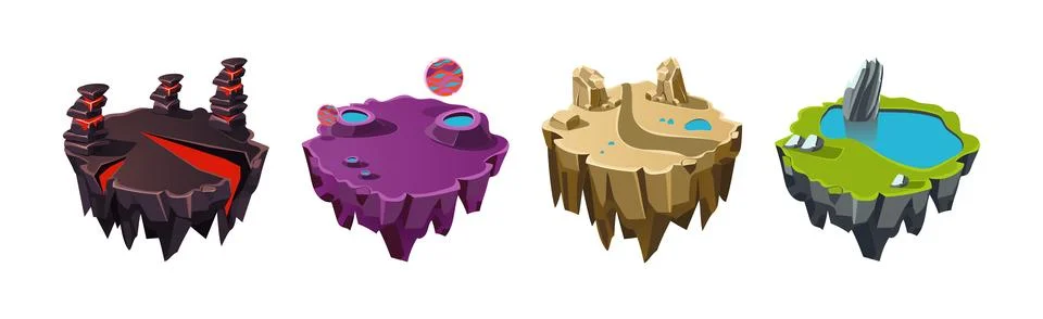 Floating Island Platforms with Different landscape Vector Set Illustrazione stock