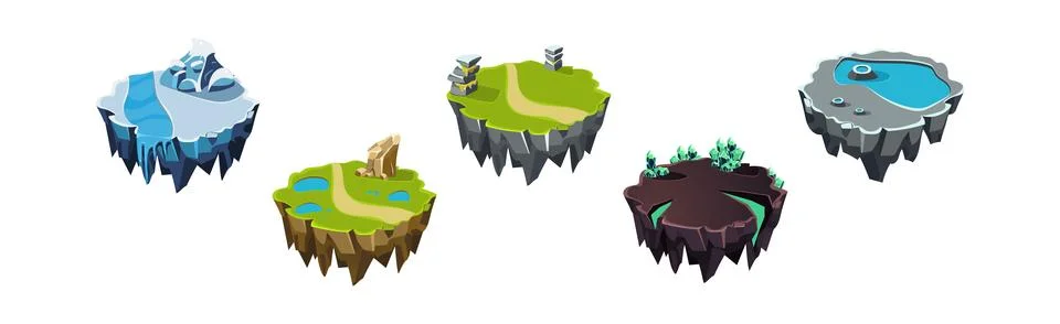 Floating Island Platforms with Different landscape Vector Set イラスト素材