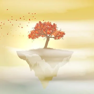 Floating Island with Tree in Clouds- Vector Illustration. Stock Illustration