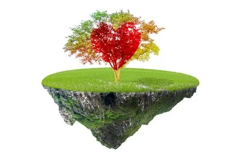 Floating island with tree pastel colored gradient and red heart-shaped isol.. Stock-Fotos