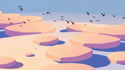 Floating Islands: Circular Floating Stones Cartoon, Landscape in Pink and Blue, Stock Footage 317967239