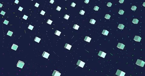 Floating isometric cube grid showing teal-white faces on navy backdrop, with Stock Photos