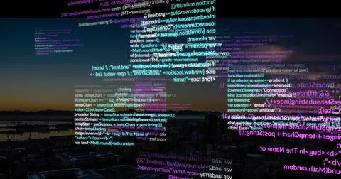 Floating JavaScript and HTML code snippets drifting across dusk cityscape, with Stockfoto's