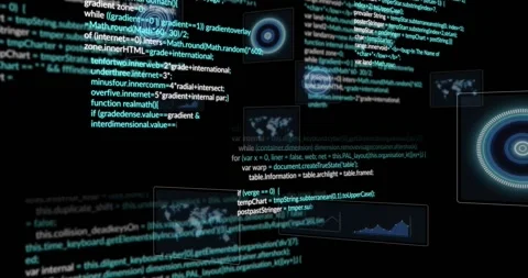 Floating JavaScript code cluster occupying left side, displaying UI panels with Stock Footage 327956756
