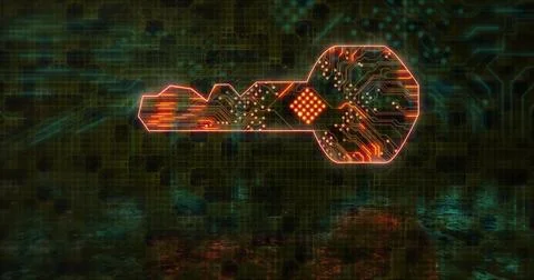 Floating key glowing with neon red traces in virtual grid, with solder points on Stock Photos