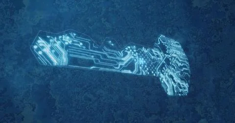 Floating key-shaped electronic circuit glowing in abstract digital space, with Stock Illustration