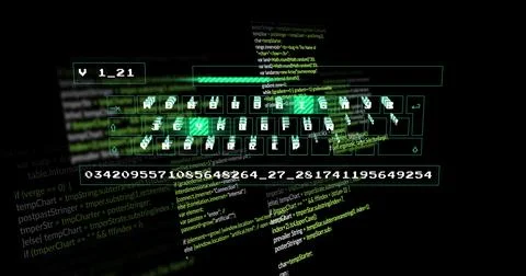 Floating keyboard showing version label and progress bar in digital space, code Foto stock