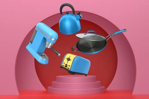 Floating kitchen appliances like toaster, kettle, coffee maker and pan on pod Ilustración de archivo