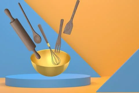 Floating kitchen tools including bowls, and utensils floating over podium on  Ilustração Stock