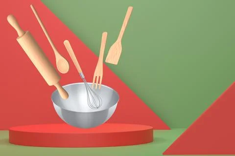 Floating kitchen tools including bowls, and utensils floating over podium o.. Ilustração Stock