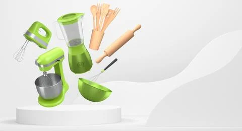 Floating kitchen tools including electric mixers, bowls, and utensils float.. Stock Illustration