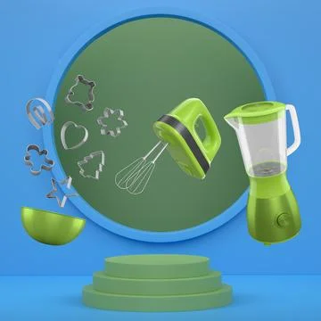 Floating kitchen tools including electric mixers, bowls, and utensils floating Stock Illustration