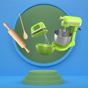 Floating kitchen tools including electric mixers, bowls, and utensils floatin Stock Illustration