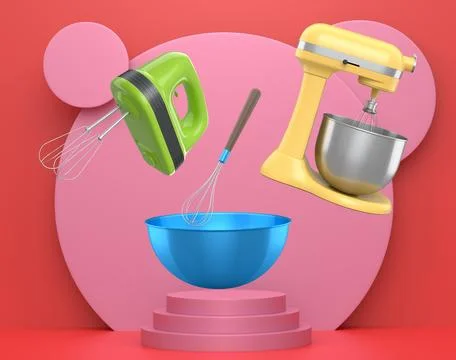 Floating kitchen tools including electric mixers, bowls, and utensils float.. Stock Illustration