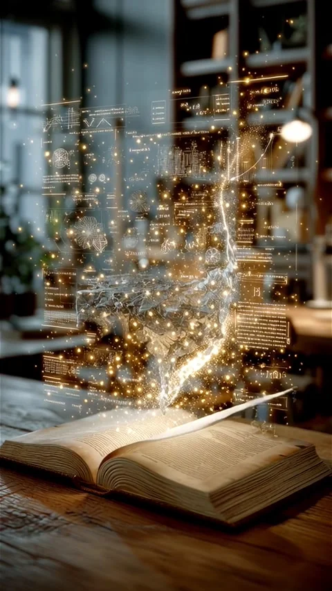 Floating Knowledge Books in a Futuristic Study Room Stock Footage 312806547