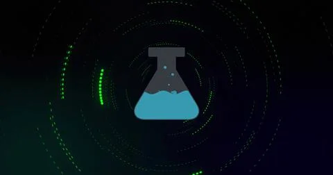 Floating lab flask icon over dark navy gradient showing blue liquid, rising Stock Photos